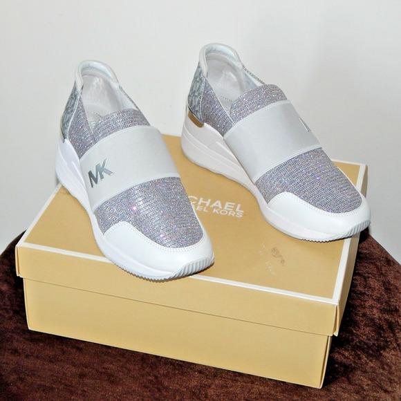 Michael Kors Felix Trainer Silver Rainbow Glitter Wedge Sneaker Shoe 8.5 M NIB - Picture 2 of 11